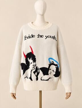 Divide the Youth Angel Devil Graphic Sweater Ivory Cotton Crewneck Size L
